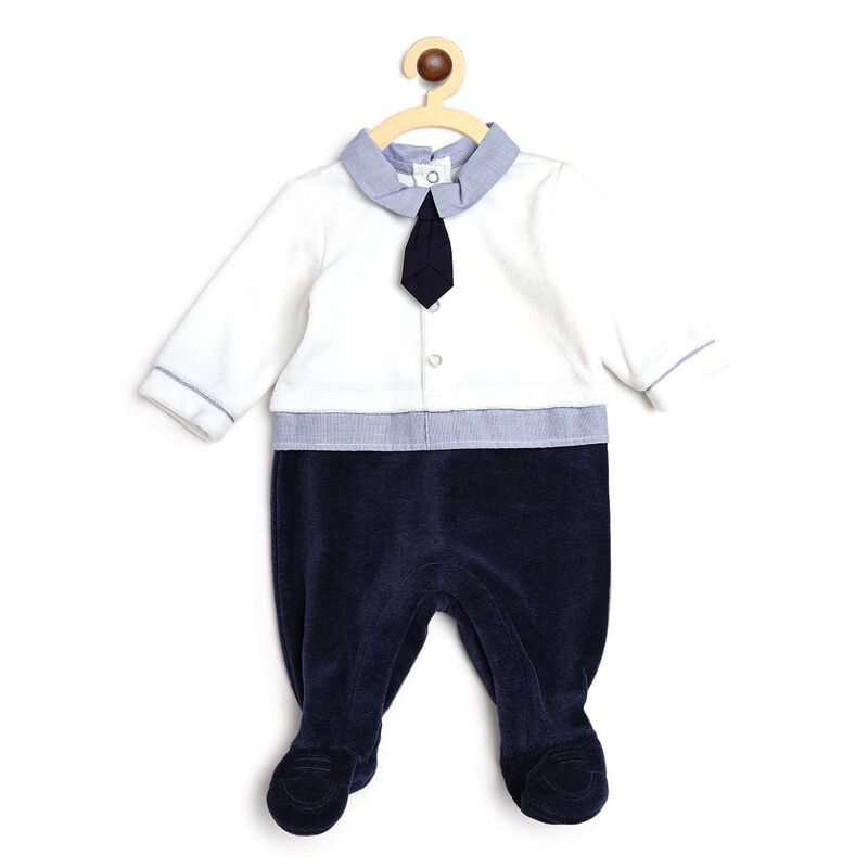 Boys White & Blue Velour Leg Opening Babysuit image number null